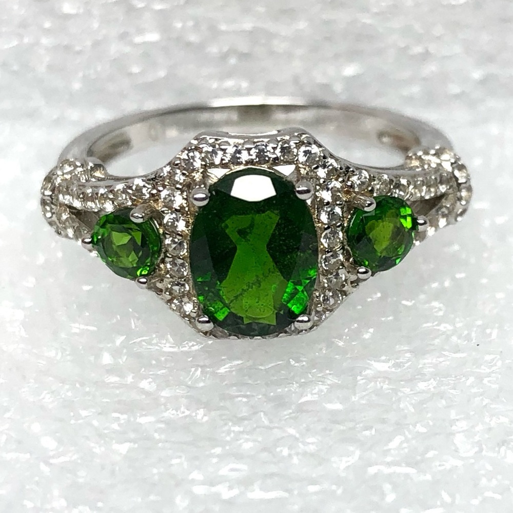 Green Chrome Diopside Ring Rhodium Over Sterling Silver Ring Zircon Halo